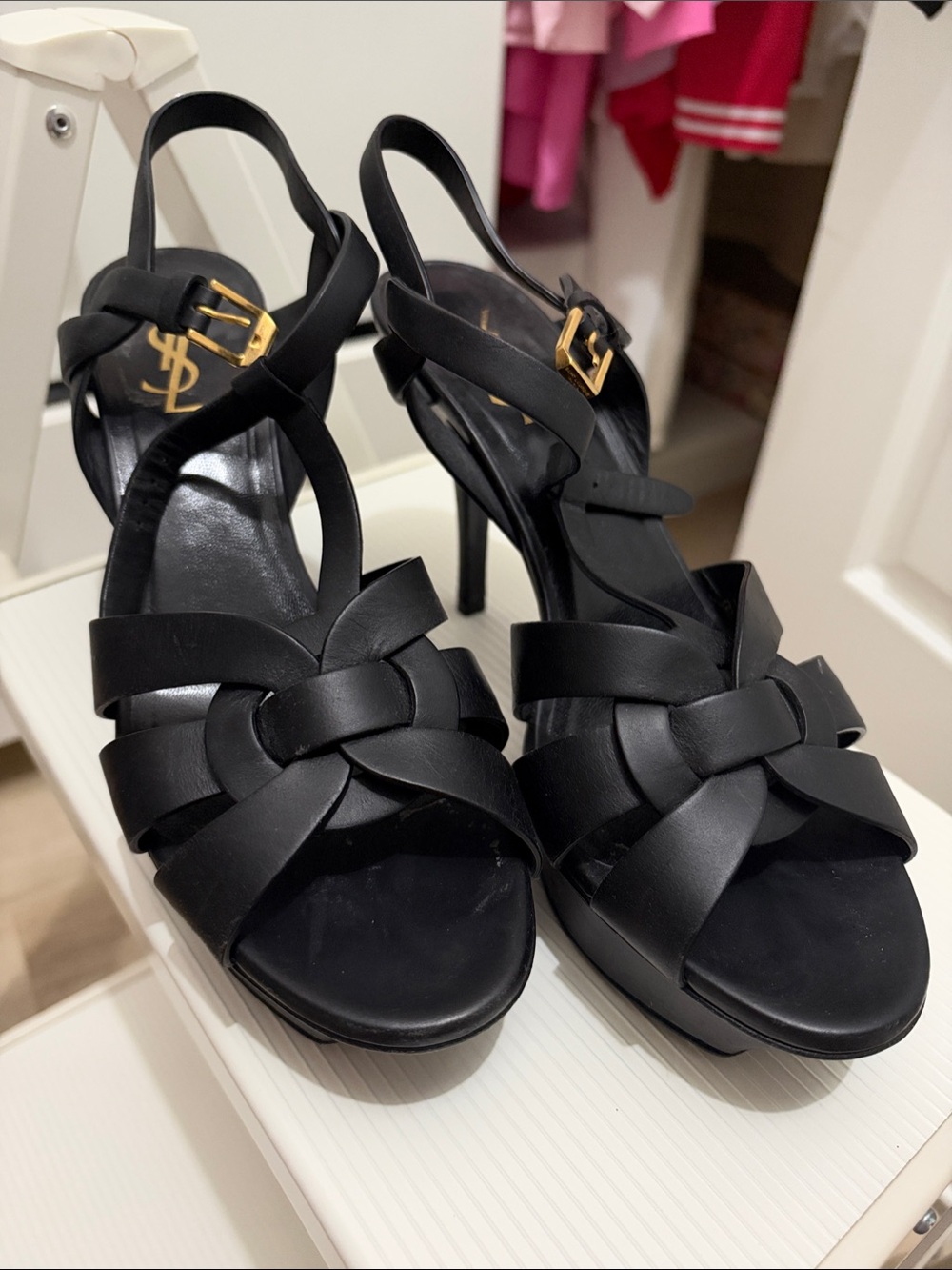 Saint Laurent Black Leather Knot Slingback Heels with Gold Buckle Detail